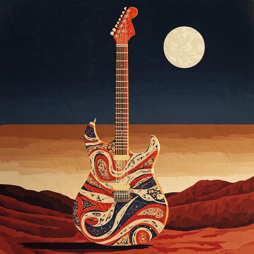 An instrumental track blending driving rock with mystical middle eastern influences, featuring powerful electric guitar solos over hypnotic rhythms, creating a danceable and enchanting atmosphere reminiscent of desert mirages.