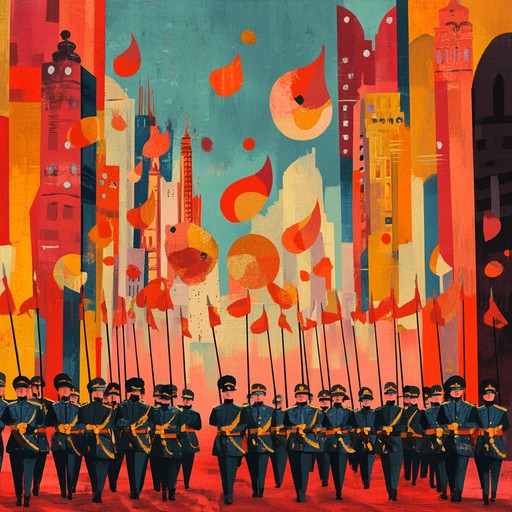 This uplifting instrumental march combines festive melodies with military precision, celebrating the courage and honor of brave soldiers returning victorious from battle. The composition evokes the energy of a triumphant parade with bold brass and rhythmic percussion leading the procession.