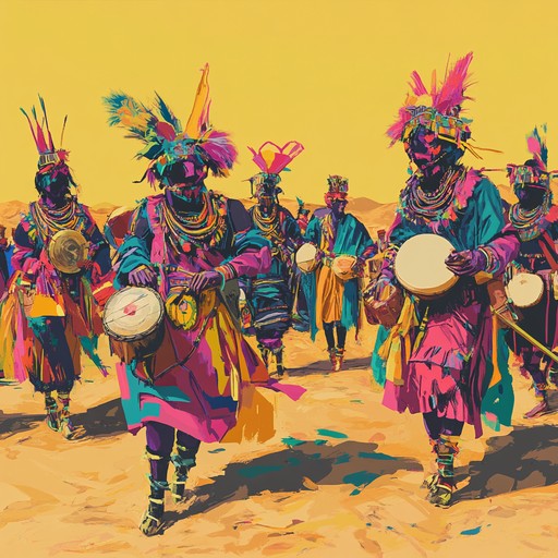 A joyous, rhythmic celebration of tribal traditions infused with energetic electronic beats, evoking an image of a vibrant desert festival. The powerful drumming of djembe, accompanied by chanting and shakers, creates an ecstatic and hypnotic atmosphere perfect for dance.