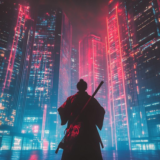 An instrumental track that merges traditional japanese shamisen melodies with 1980s synthwave, creating a vibrant fusion of ancient culture and neon lit futuristic sounds, evoking the spirit of a samurai traversing a cyberpunk cityscape.