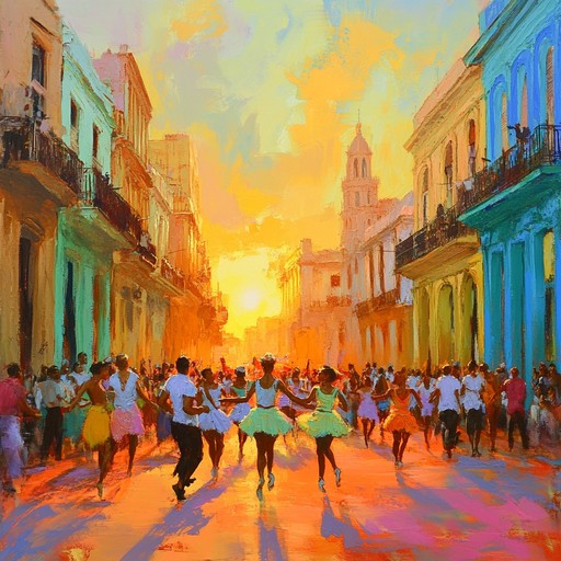 Immerse in the lively streets of havana capturing the sunset encapsulating the soul of salsa music, vibrant dance rhythms with infectious brass and percussion create an irresistible urge to move