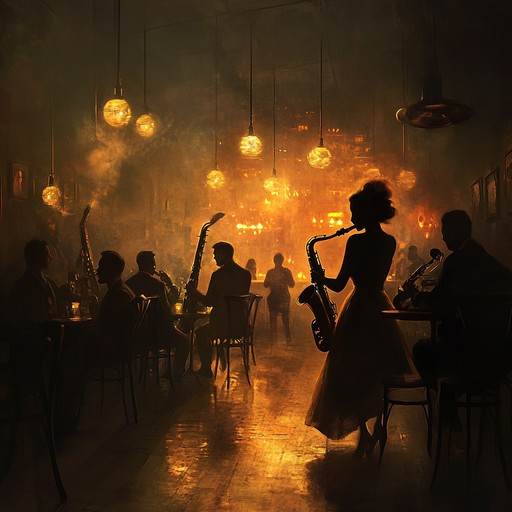 Imagine a nighttime jazz club in modern day harlem, where vintage swing and contemporary city beats come together, creating a celebratory and lively musical experience.