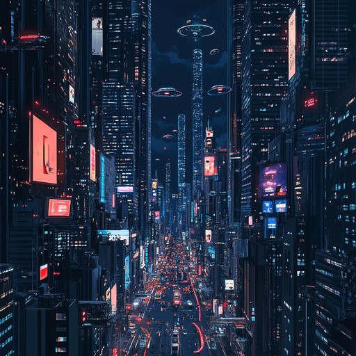 An instrumental track featuring sparkling synthesizers and pulsing electronic rhythms, immersing the listener in a glittering future city illuminated by neon lights and holograms.