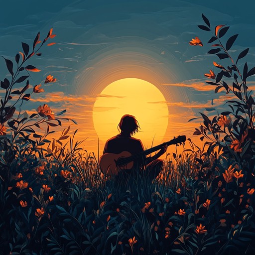 The calmness of an evening sunset on the open fields is beautifully captured through soft acoustic guitar tunes and harmonica, creating a perfect, relaxing escape into the serene countryside