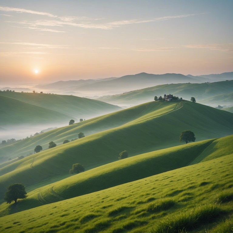 This composition begins gently, mirroring the quiet dawn over tranquil hills, slowly unfolding into majestic, lush symphonic peaks, much like the sun reaching its zenith, illuminating the day. Inspiring the heart with a warmth that feels like coming home. Perfect for reflecting or starting a peaceful day.