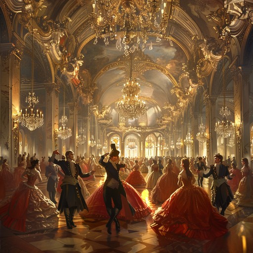 Imagine a bustling ballroom filled with elegantly dressed dancers gracefully moving in sync to an energetic harpsichord melody. The intricate interplay of melodic lines and harmonic progressions reflect the ornate architecture and artistic brilliance of the baroque era. The lively tempo and varied dynamics create an exhilarating atmosphere, capturing the joy and splendor of historical dance occasions.