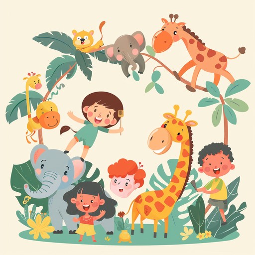 An enchanting children's song, blending joyful melodies with the sounds of tropical jungles. Featuring playful bird calls, animal chatter, and rhythmic drums that evoke a sense of adventure.