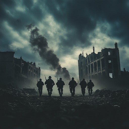 This instrumental composition features powerful orchestral arrangements that capture the gritty essence of soldiers advancing through the rubble strewn streets of a war torn city. The music builds tension with driving rhythms and dark tonalities, conveying the urgency and despair of the scene.