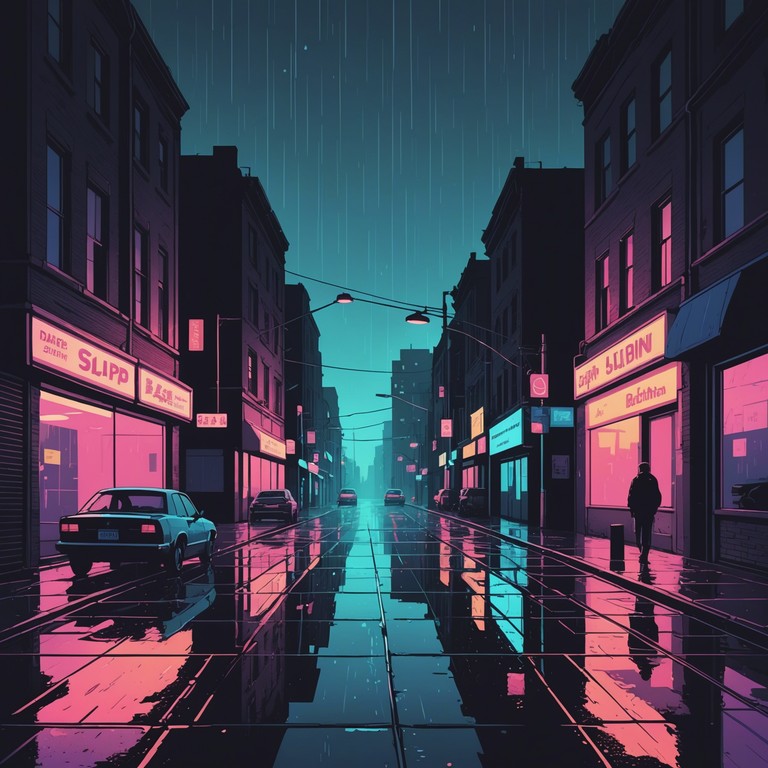 Drawing from the somber and introspective moods reflecting a rainy cityscape at night in the 80s, this piece utilizes synthetic sounds to evoke feelings of solitude and reflection. The soundscape is filled with soft pads, subtle pluck synths, and sweeping melodies that mirror the rhythmic patter of rain against neon lit streets.