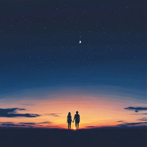 Craft an instrumental piece with soaring guitar leads, warm bass lines, and uplifting keys set to a steady rock rhythm. It captures the essence of a heartfelt romance blooming under the twilight sky, blending emotional depth with catchy hooks. The dynamics shift from gentle verses to anthemic choruses, embodying the undulating journey of love.