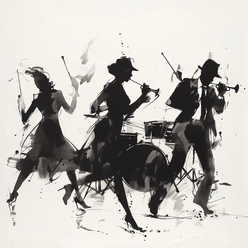 Picture a bustling 1950s jazz club filled with joyous dancers moving to the upbeat rhythms of a live jazz band. The brass section leads with energetic, swung melodies while the piano and drums provide a lively foundation. This piece embodies the exuberance and jubilation of the era, filling the air with infectious euphoria