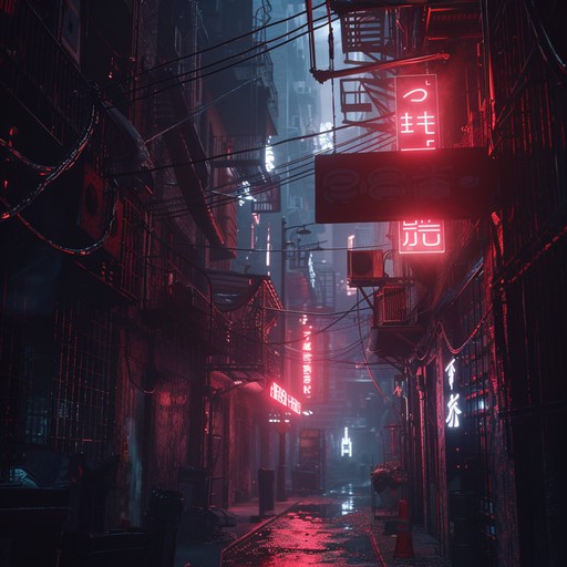 A sinister cyberpunk journey through dystopian cities with pulsating beats and mechanical undertones. Metallic sounds intertwine with dark synths, creating an atmosphere of lurking danger and neon lit shadows.