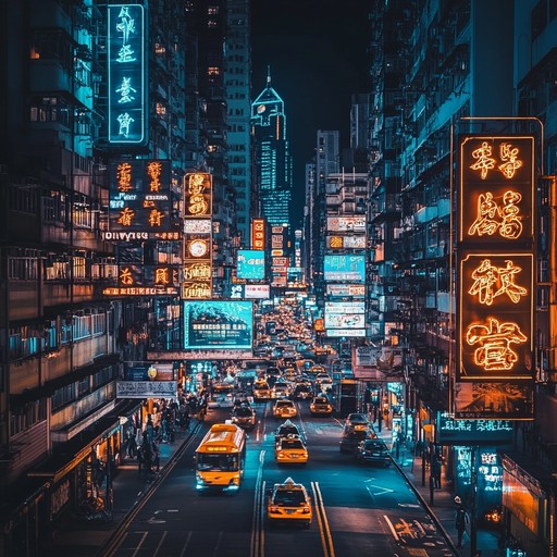 An immersive journey through a bustling neon lit metropolis using vibrant synthesizer melodies that mimic the hustle of urban life, blending ambient sounds with rhythmic pulses to create a vivid auditory cityscape.