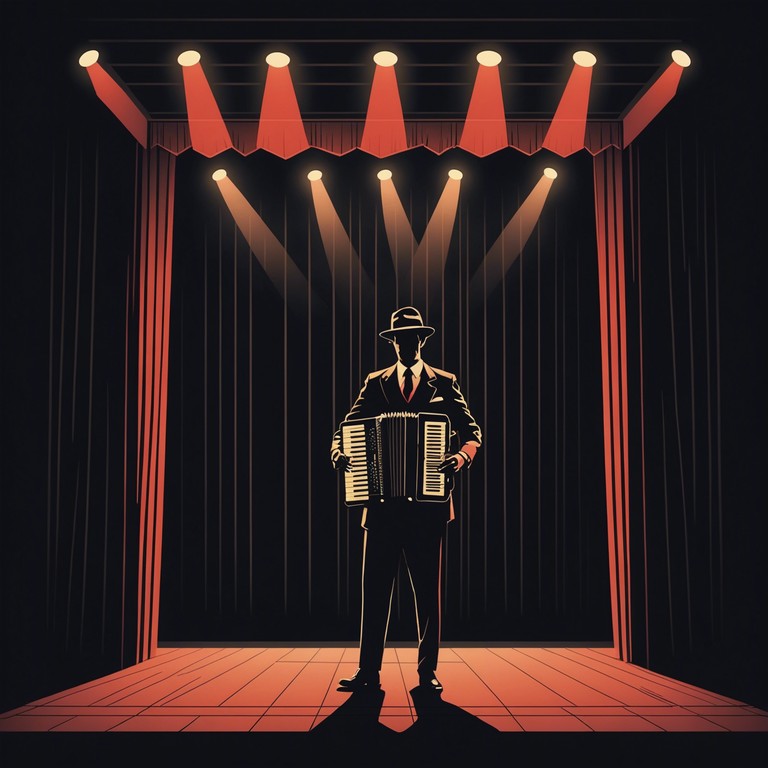 In a dimly lit cabaret, soft footfalls echo with a sense of foreboding as a lone accordion plays a suspenseful melody that melds the playful with the sinister, resembling the secretive meetings of elusive characters at a late night show.