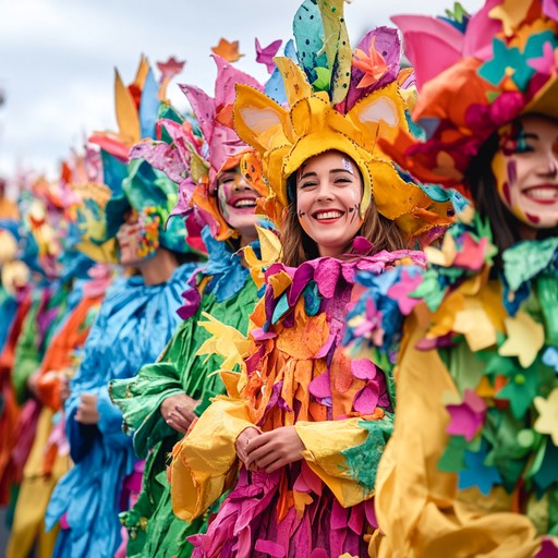 A dynamic and jubilant orchestral composition that brings to life the animated spirit of a colorful street carnival. The piece features lively trumpets and festive woodwinds, creating a compelling auditory experience reminiscent of theatrical performances and exuberant celebrations.