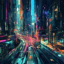 pulsating beats driving through a futuristic neon cityscape