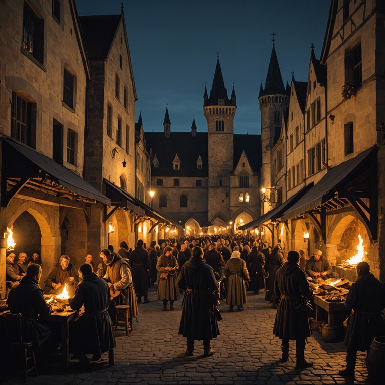 Dive deeper into the heart of medieval festivities with this composition. A troubadour plucks a lute amongst jesters, dancers, and the merriment of a vibrant crowd under a starry sky, reviving the spirit and joy of ancient gatherings.