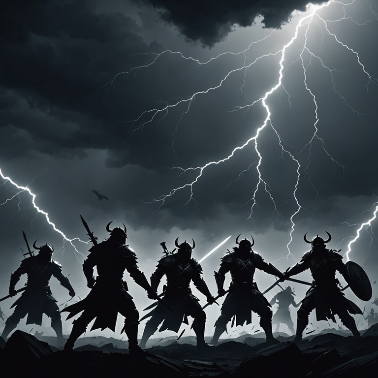 The track embodies the fury and tumult of an ancient battle, with pounding drums that simulate the chaotic rush of warriors clashing on an open field. Deep, resonant drum strikes provide a backbone for high energy, battle like rhythms, evoking images of thunder rolling over a fierce and stormy battlefield.