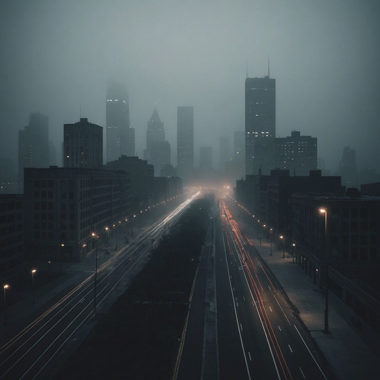 A hypnotic blend of haunting melodies overlaid on downtempo hip hop beats, depicting a journey through a ghostly urban environment after dark. The spooky, echoing effects mimic the sense of loneliness and mystery pervading deserted city streets.