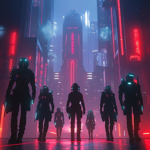 An invigorating track that depicts a triumphant uprising in a neon lit cyberpunk world. Synth driven melodies intertwine with powerful, driving beats, creating an atmosphere of electrifying heroism and futuristic resilience. Each moment builds toward a climactic finale, reflecting the victory of determined rebels against a high tech dystopian backdrop.