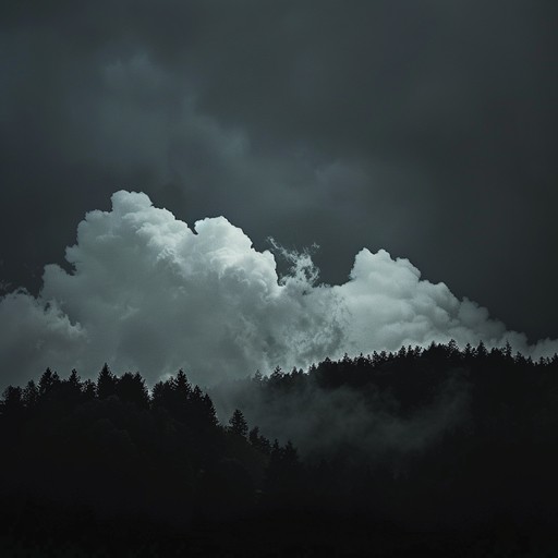 A dark, instrumental folk rock piece that captures the unsettling, eerie beauty of a storm brewing over lush hills, creating a landscape of tension and drama using layered guitars, rhythmic percussion, and ominous brass elements