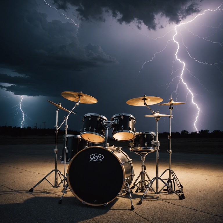 A sonic journey that captivates the listener with the overwhelming power of thunderous drumbeats set against a backdrop of a roaring thunderstorm, simulating the awe inspiring force of nature