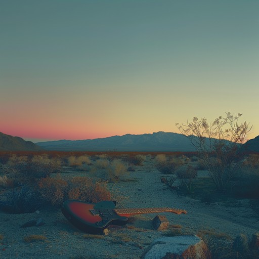 A calm hard rock instrumental evoking the quiet, serene atmosphere of a desert sundown, where somber guitar riffs meet the gentle hum of nature