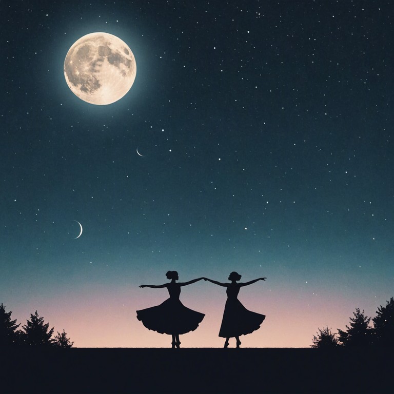 Imagine a splendid midnight gala, where dancers glide under the moonlit sky, their steps perfectly aligning with the elegant and uplifting strains of a violin led waltz that fills the air with a festive spirit.