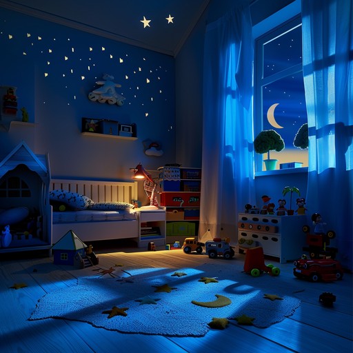 In a child's room at night, the toys come alive, orchestrating a mysterious and haunting tune, full of whispers and subtle movements, as if sharing secrets or planning a nocturnal adventure. Each note hints at the toys' unseen world, evoking a sense of wonder and eerie suspense.