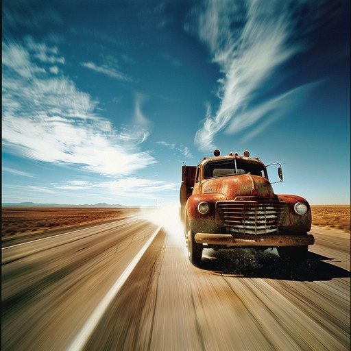 A vibrant and thrilling instrumental with rapid guitar riffs and lively fiddle solos that evokes the feeling of racing along a highway horizon, capturing the excitement and freedom of a high speed chase through open roads.