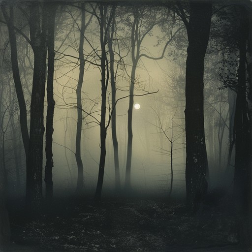 Create an eerie and surreal soundscape that blends the ambient sounds of a misty forest at midnight with industrial noise and mechanical whirs, producing a dramatic weird experience. Envision a peculiar realm where nature intertwines with machinery, evoking a sense of otherworldliness and mystery.