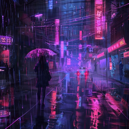 This track should evoke the feel of a neon-lit cityscape just before dawn, with a blend of quietness and the onset of urban activity. The sound should be layered with a velvety synth texture, interspersed with occasional soft, high-pitched tones to suggest the raindrops reflecting neon lights. Subtle pulsating rhythms should give a sense of the city slowly waking up.