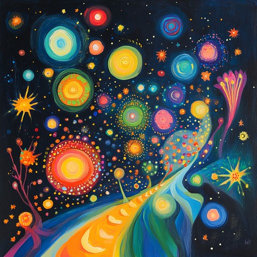 Pulsating joy and energy of a bright, festive night, mixing cosmic synths with joyful rhythms for a euphoric experience