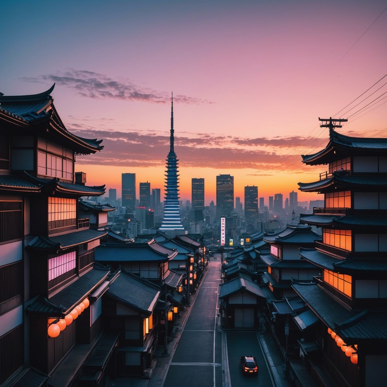 Imagine a bustling neon city at dawn, where the ancient sounds of a japanese koto blend seamlessly with futuristic synth waves, creating an atmosphere of nostalgia and innovation. The track starts with the gentle plucking of the koto, setting a contemplative mood, before gradually introducing swirling synth textures, evoking the vibrant energy of a city waking up. The blend of old and new encapsulates the essence of a metropolis that respects its past while racing towards the future.