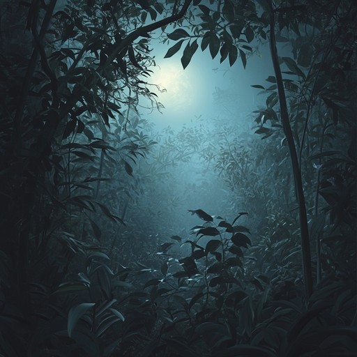 Deep in a haunting tropical forest, the music encapsulates the growing tension and enigmatic atmosphere as darkness descends, blending natural sounds with evocative musical tones to create a soundtrack for an unseen, lurking presence.