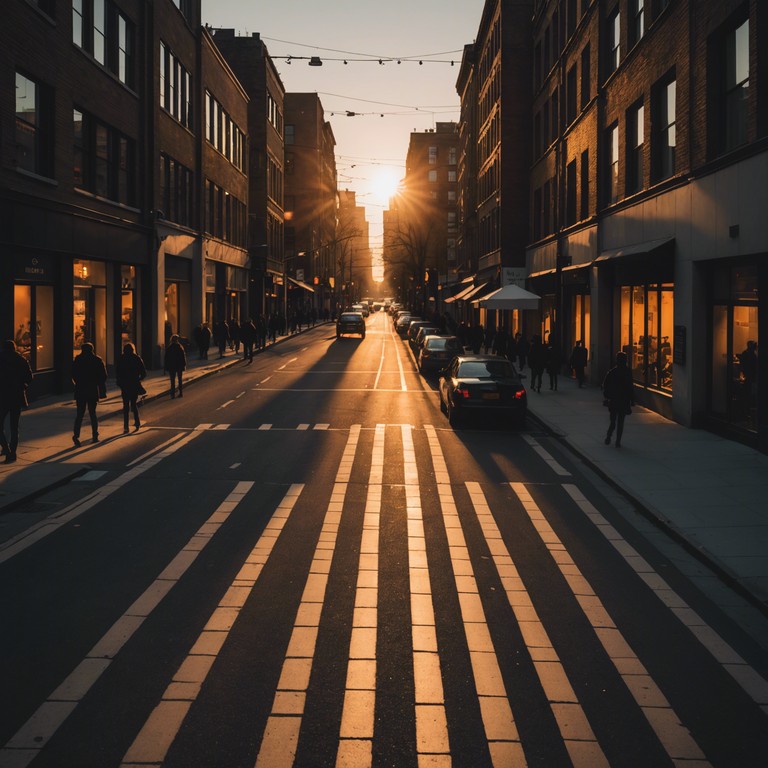 A track that captures the essence of a serene sunset in the city, blended with smooth, rhythmic bass lines and a light touch of funk. The music embodies the feel of a leisurely drive through downtown as the sun dips below the horizon, illuminating the sky in shades of orange and pink while the city's nightlife begins to stir.