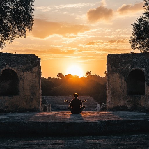 Imagine a musician sitting in the remnants of an ancient theatre, strumming the strings of his guitar as the sun sets, casting long shadows. This scene inspires him to weave a tapestry of sounds that encapsulate the essence of a bygone era.