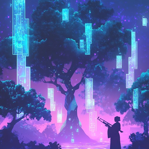 An instrumental track that blends trippy drum and bass rhythms with ambient soundscapes and traditional shakuhachi flute, creating a psychedelic auditory experience that transports the listener to a futuristic neon lit forest.