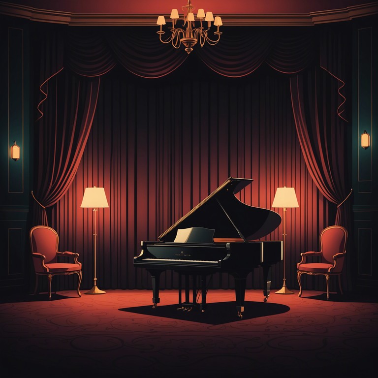 Imagine a dimly lit, plush cabaret lounge, where whispers float over soft, melancholic piano notes, creating an atmosphere of mysterious intimacy and nostalgic allure. The music slowly builds a tranquil yet somber mood, drawing listeners into a world of faded velvet and whispered secrets. The dark, soothing tones provide a comforting embrace, making you long for more while feeling an underlying sense of foreboding.