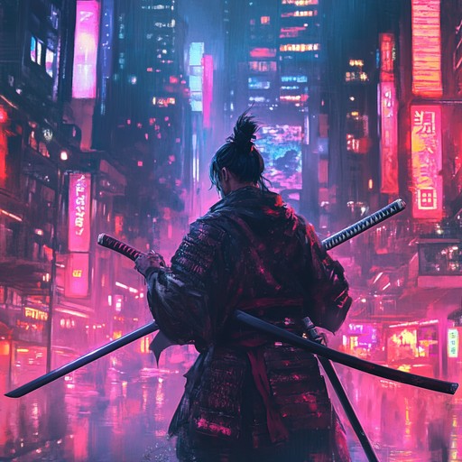 An intense instrumental track merging traditional japanese shamisen with modern synthwave elements, creating a thrilling soundscape perfect for an anime's climactic battle scene