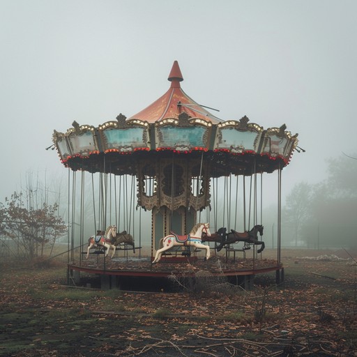 An eerie and somber piece that evokes a deserted carnival at dusk. An old calliope plays haunting melodies while distant, warped sounds create a surreal and weird atmosphere. The forlorn notes hover over an unsettling background, painting a picture of faded joy and forgotten memories.