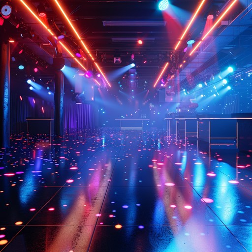 This composition captures the essence of a high energy electronic dance track highlighted by the twinkling effects of glitter and bright lights, emulating the vivid sensations of dancing joyfully in a club adorned with reflective decorations.