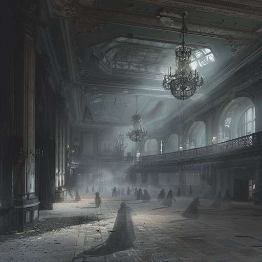 Echoes of an old waltz resurface in an abandoned ballroom. The sweet harmonies of the 1950s twist into ghostly, unsettling echoes. Imagine a lone figure dancing with invisible partners, as objects mysteriously slide across the dusty floor. The melody slowly reveals layers of instruments that are both comforting and eerie, drawing listeners into a haunted nostalgia.