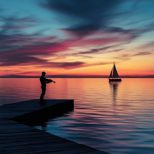 A poignant scene where the cool evening air meets the warm glow of portside lanterns. A violinist fills the atmosphere with soul stirring music, reflecting the peaceful yet powerful nature of the sea at sunset.