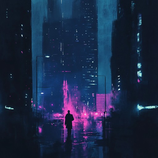 An instrumental track featuring edgy, pulsating synthesizers that create a tense and moody atmosphere, evoking the feeling of navigating through the dark, neon lit streets of a dystopian metropolis.