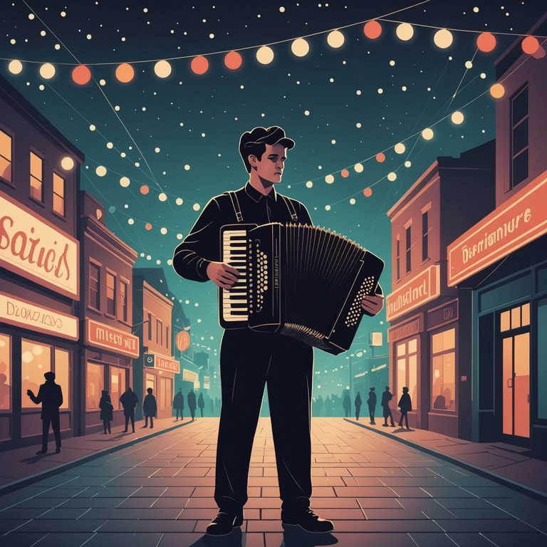 A haunting accordion melody slowly intertwines with the distant laughter and cheer of a carnival, providing a poignant contrast between outward celebration and internal melancholy. As the listeners immerse in this sonic journey, they experience the convergence of joy and sadness, encapsulating the dual nature of human emotions during festive times.