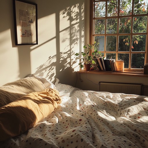 Think of a lazy summer afternoon, sunlight streaming through the window while you relax on your bed. The music flows softly, creating a warm and breezy atmosphere that takes you to a place of carefree peace. The gentle strumming of the guitar and soft background synths complement the laid back rhythm, making it perfect for unwinding and daydreaming.