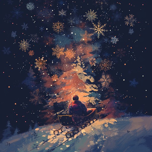 Take a magical sleigh ride through a cosmic winter wonderland where glowing snowflakes dance to the rhythm of psychedelic synthesizer melodies, blending traditional holiday cheer with an otherworldly, dreamlike experience.