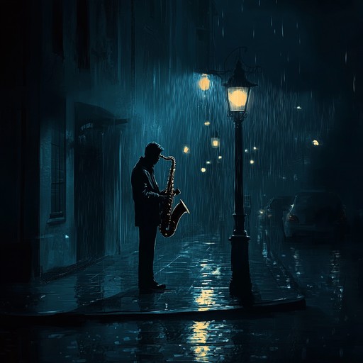 A slow, melancholic jazz piece with a wistful and longing melody, conjuring images of rainy midnight streets and lost loves. The gentle piano and soft saxophone interplay create a deeply emotional atmosphere perfect for introspective moments.