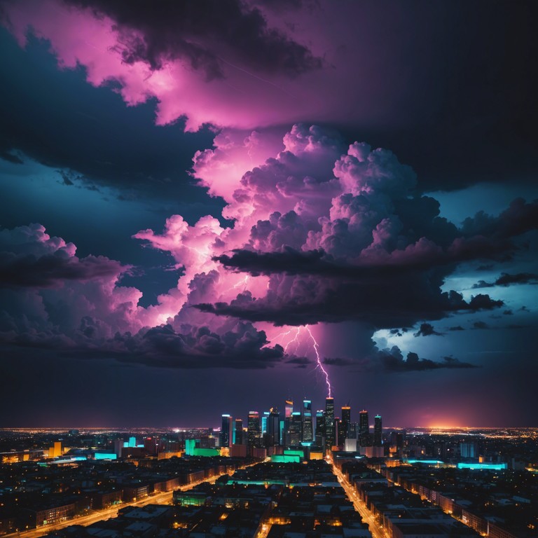 Imagine a thunderous edm track that harnesses the energy and grandeur of a storm with electrifying beats and a surreal soundscape. The high energy synthesizer riffs evoke an atmosphere of battling through an electrifying storm in a cyberpunk cityscape, where neon lights flash like lightning across the sky.